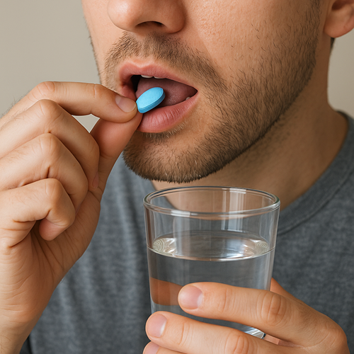 Instructional photo of taking a Sildenafil 100mg & Dapoxetine 60mg tablet orally with water