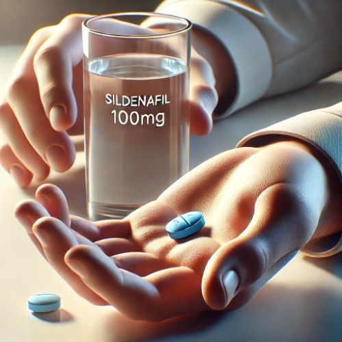 Person holding a Sildenafil 100mg pill, ready to take it