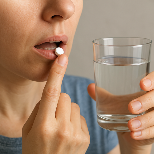 Instructional photo of taking a Spironolactone 25mg tablet orally with water