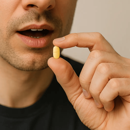 A person holding and taking a Tadalafil 20mg pill in hand