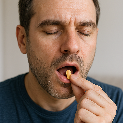 A person orally taking a Tadalafil 40mg + Dapoxetine 60mg tablet