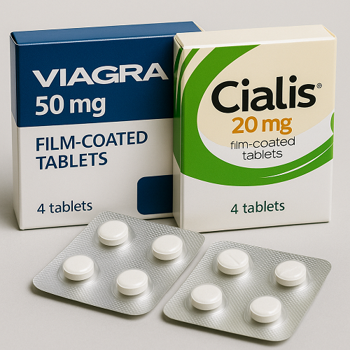 Close-up image of Viagra and Cialis packages and packaging boxes