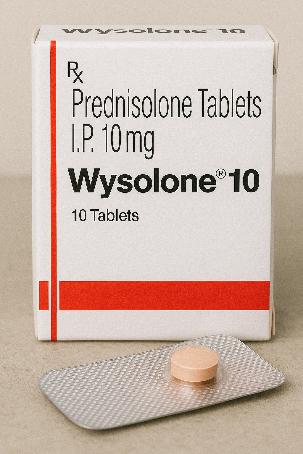 Close-up of Wysolone 10mg blister pack and packaging box