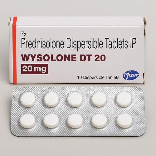 Wysolone DT 20mg package and packaging box close-up image