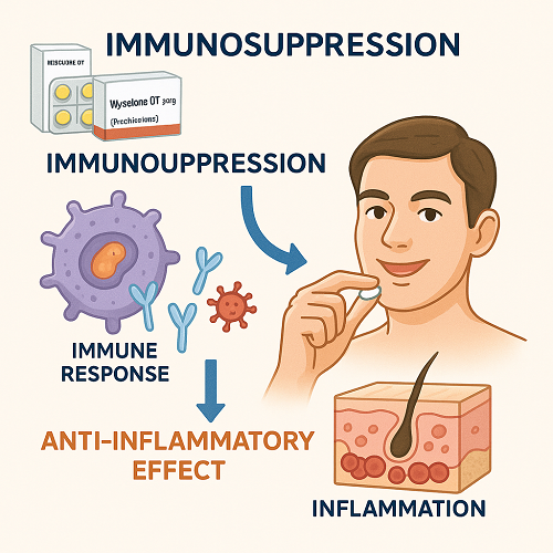 Medical diagram explaining the mechanism of Wysolone DT 20mg (Prednisolone) – immunosuppression and inflammation reduction