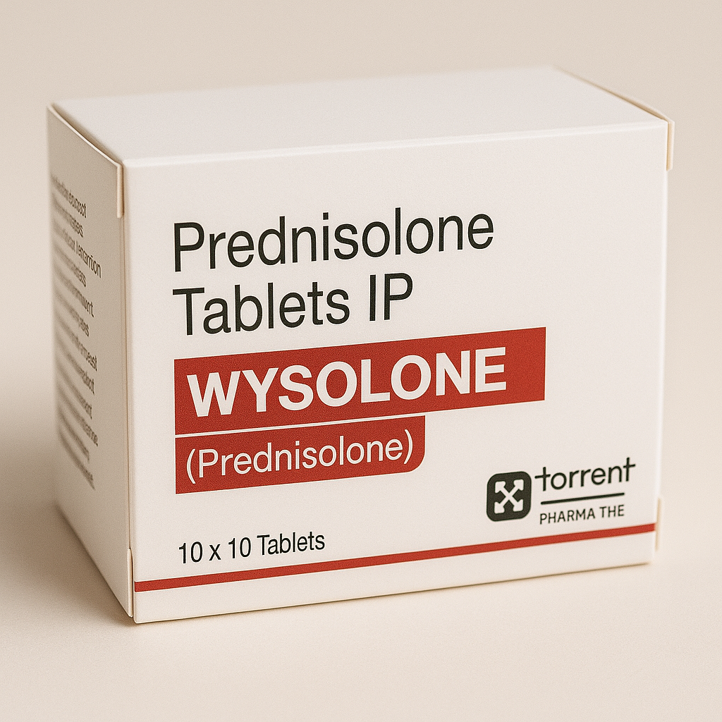 Close-up of Wysolone 5mg blister pack and packaging