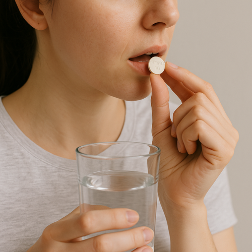 Instructional photo of taking a Zempred 16mg tablet orally with water