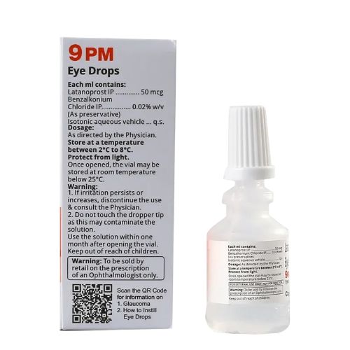 9 PM Eye Drops 2.5ml backside box with dosage storage and warning instructions