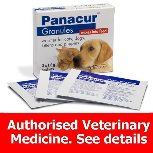 Panacur Granules 22.2% (Fenbendazole) 1.8g veterinary dewormer multiple sachets and carton packaging for cats, dogs, puppies, and kittens parasite treatment online pharmacy