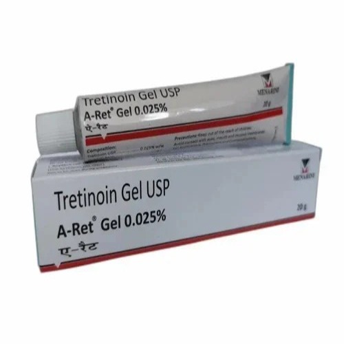 Tretinoin 0.025% topical gel tube placed on carton with clear dosage labeling