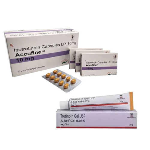 Accufine 10mg capsules and A-Ret 0.05% Gel dual acne treatment set with product box and tube displayed