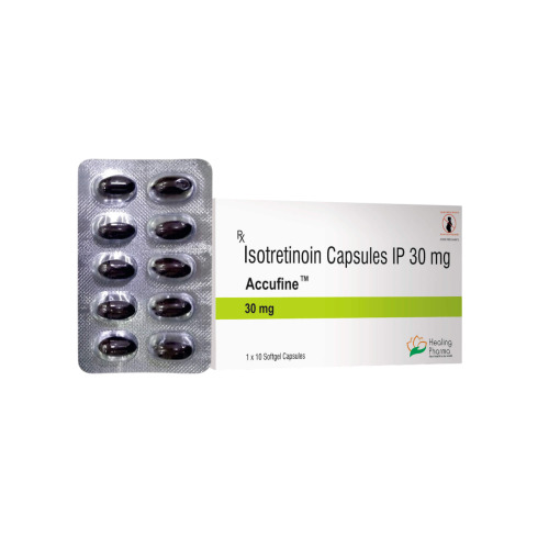 Accufine 30mg (Isotretinoin) box and blister pack displayed together showing 10 capsules