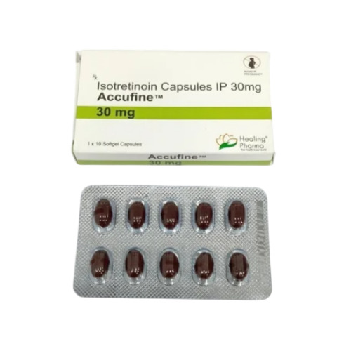Accufine 30mg (Isotretinoin) blister pack with brown capsules arranged in two rows