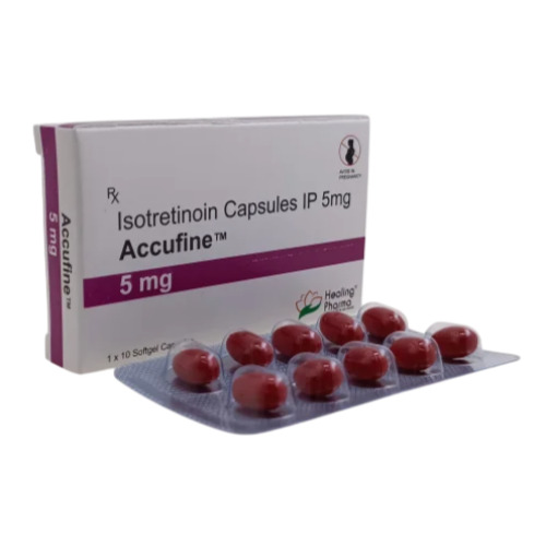 Accufine 5mg Isotretinoin Capsules red capsules in front of box
