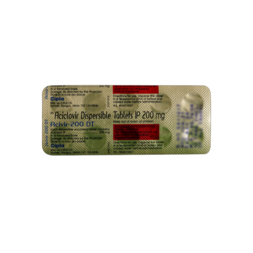 Acivir 200 DT (Acyclovir) blister pack back side with printed label details and Cipla branding in red and green