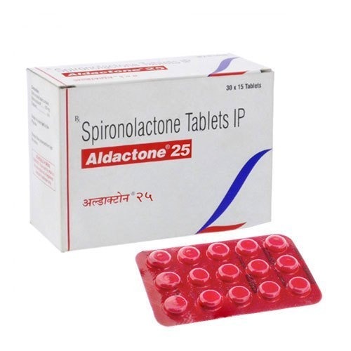 Aldactone 25mg box with red blister pack, front view showing product name and dosage clearly