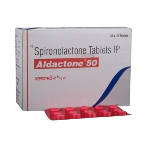 Aldactone 50mg box with red blister pack, front view showing product name and dosage clearly