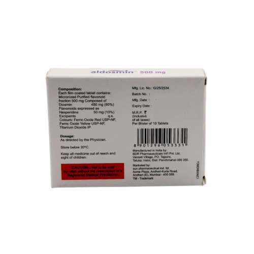 Aldosmin 500 tablets back box packaging with label