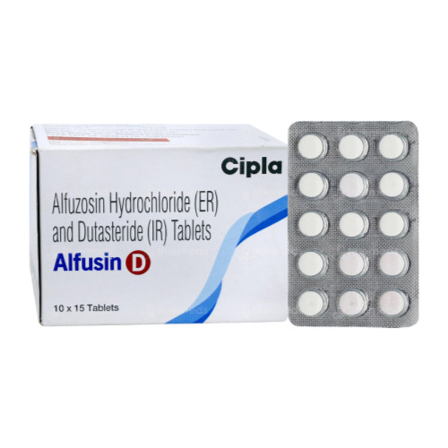 Alfusin-D box with blister pack placed beside, packaging and tablets visible