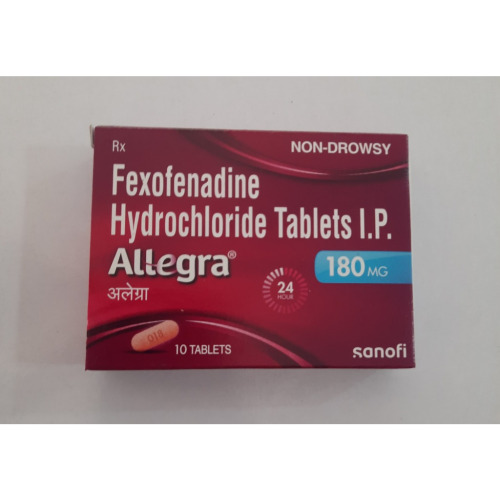 Allegra 180mg 10 tablets box with product label and tablet strip