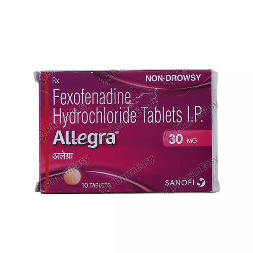 Allegra 30 tablets box with blister pack side view