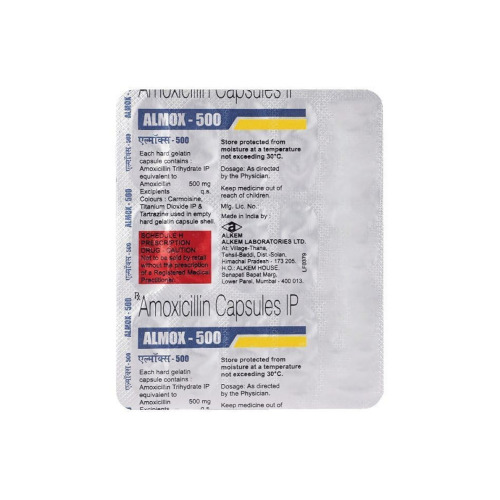 Almox 500mg (Amoxicillin) close-up of branded silver foil blister strip with capsules