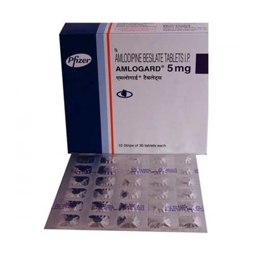 Amlogard 5mg (Amlodipine) 300 tablets Pfizer branded box with blister packs displayed, online pharmacy medication for hypertension and heart health