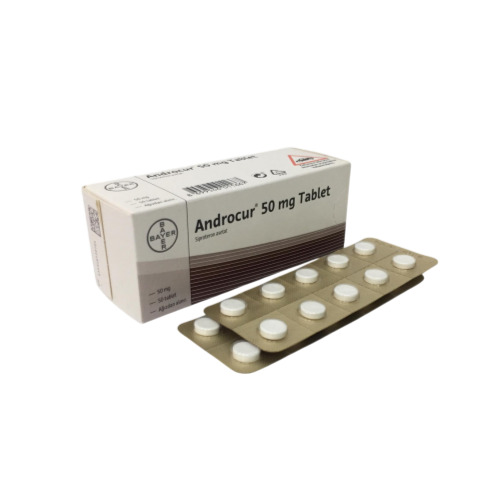 Androcur 50mg (Cyproterone Acetate) Bayer box packaging with blister strip of white tablets