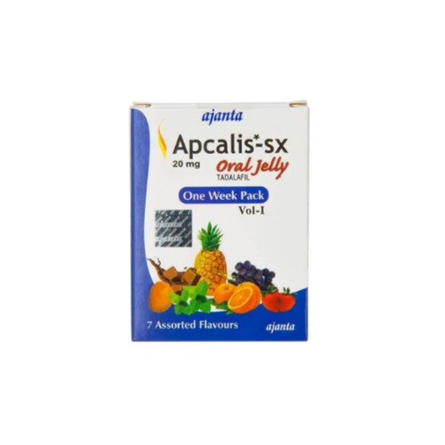 Apcalis-sx oral jelly tadalafil 7 sachets box and individual sachet branding close-up