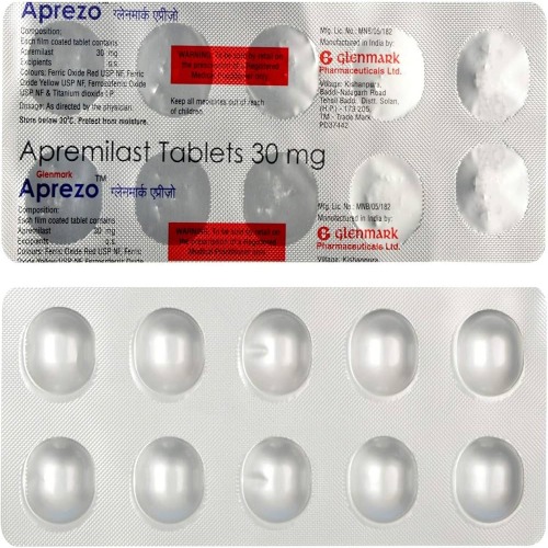 Close-up of Aprezo 30mg tablet strip showing printed details and manufacturer information