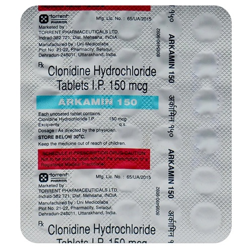 Arkamin 150mg Clonidine white round tablets in silver blister strip