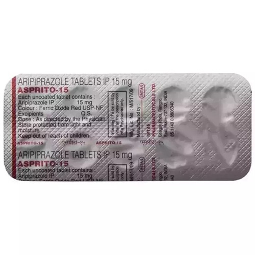 Asprito 15 blister strip showing aripiprazole tablets, psychiatric medication for schizophrenia, depression adjunct, and autism-related irritability, online pharmacy
