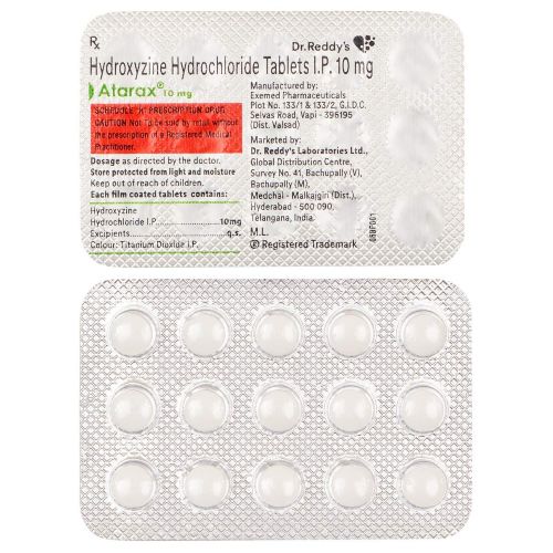Atarax 10mg Hydroxyzine Hydrochloride white round tablets in silver blister sheet