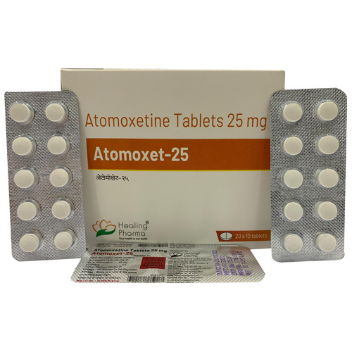Atomoxet 25 tablets 25mg foil blister strip with printed text and round tablets