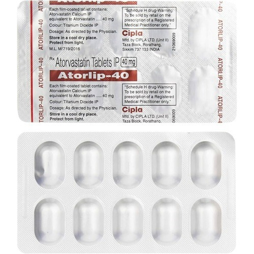 Atorlip 40mg silver blister strip with printed dosage details and Cipla branding