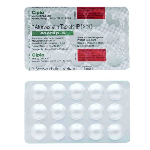 Atorlip 5mg white round tablets in labeled silver blister sheet