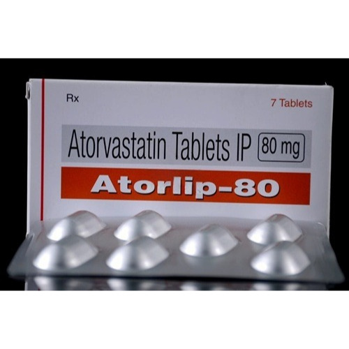 Atorlip 80mg tablets in silver blister sheet with packaging box shown
