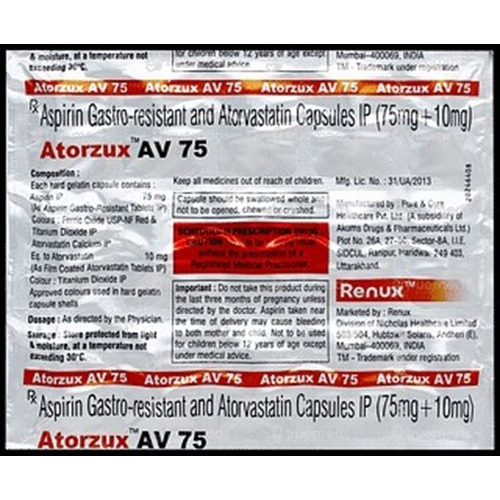 Atorzux AV 75 capsule insert/blister pack, label and tablets partially readable