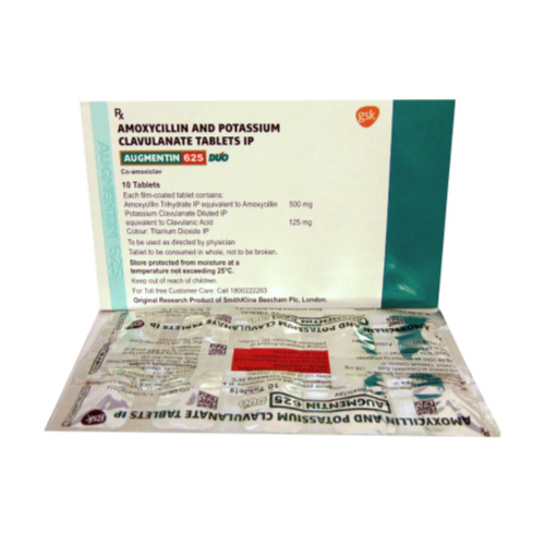 Augmentin 625 DUO tablets silver foil blister strip with printed red label and branding