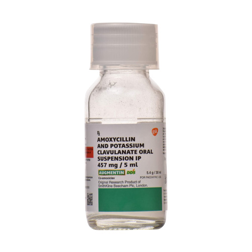 Augmentin DDS pediatric antibiotic powder bottle with GSK branded carton
