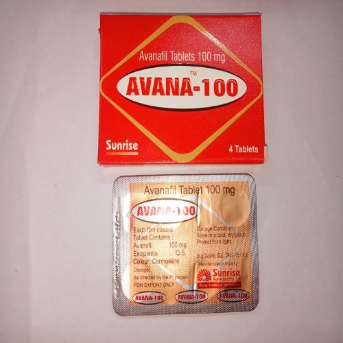 Avana 100mg packaging with red box and blister strip, front label legible