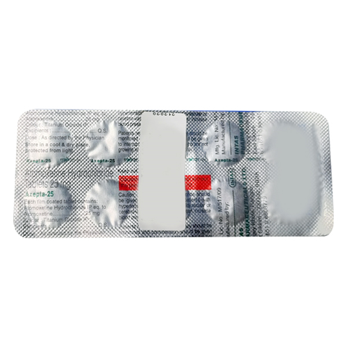 Axepta 25 tablets 25mg silver foil blister strip with printed text and Intas branding