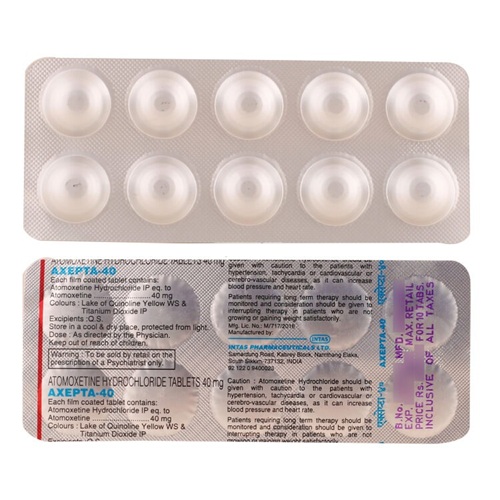 Axepta 40mg strip showing dosage details and manufacturer labeling