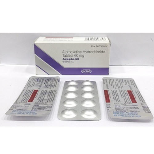 Axepta 60 (Atomoxetine 60mg) Intas carton with multiple blister strips of tablets