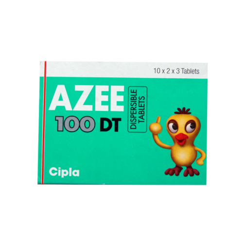 AZEE 100 DT (Azithromycin) branded green carton with cartoon bird logo and blister strip