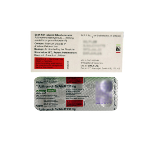 Azicip 250 azithromycin tablets blister strip back view with silver foil