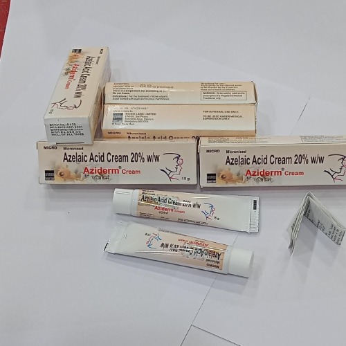 Aziderm Cream 20% (Azelaic Acid) multiple tubes and boxes arranged together on white surface