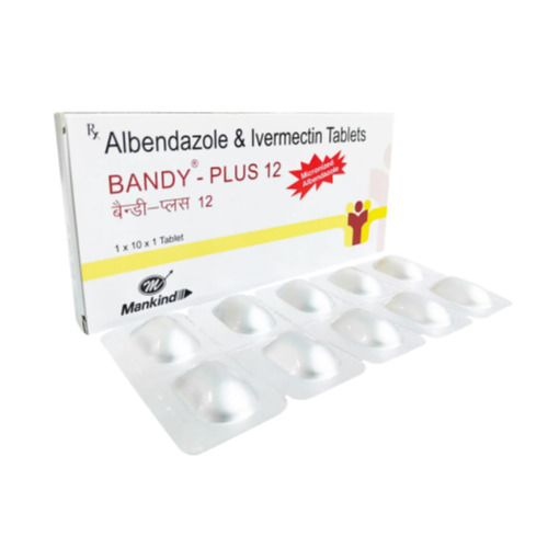 Bandy Plus 12 (Ivermectin + Albendazole) outer box angled view in white design with red dosage marking and blister pack beside