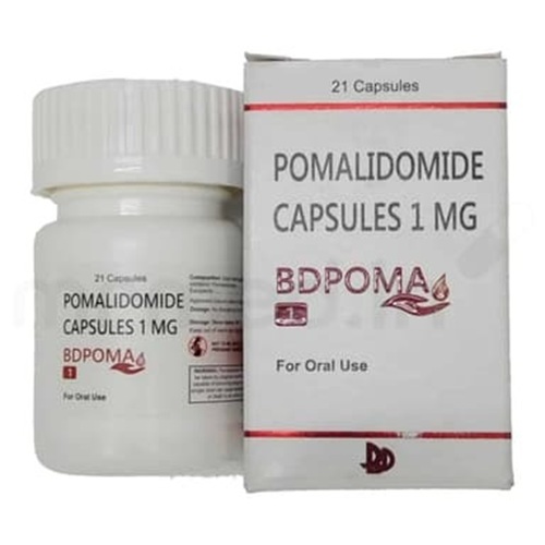 Pomide 1 (Pomalidomide) 1mg 21 capsules white plastic pill bottle with carton packaging for multiple myeloma medication online pharmacy