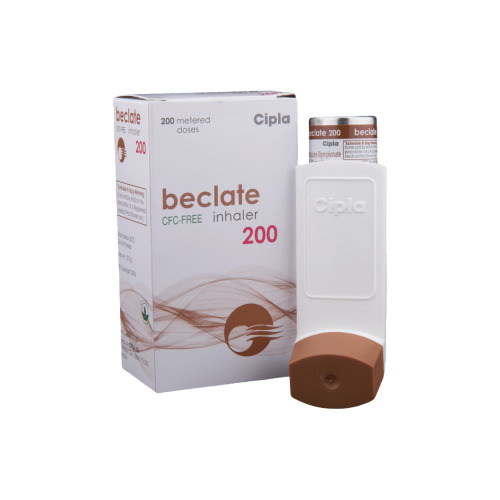 Beclate 200 Inhaler front box packaging with 200 mdi inhaler